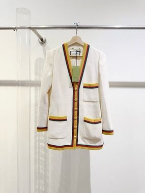 Gucci Cream Tweed Cardigan Jacket with Red-Green-Yellow Trim
